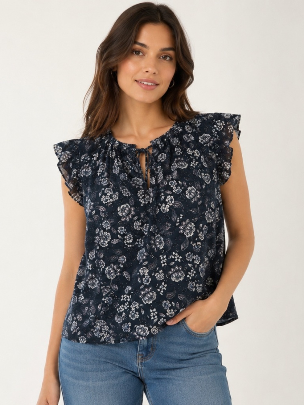 BB Dakota Steve Madden Floral Ruffle Sleeveless Blouse Blue Medium